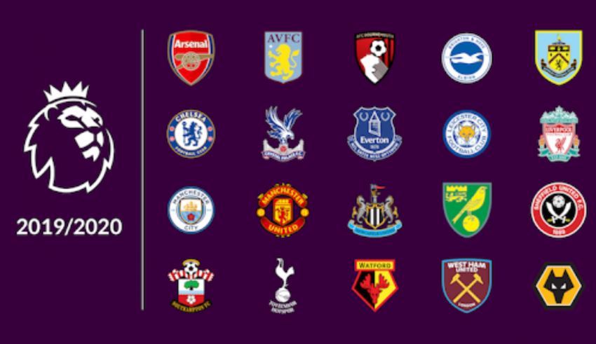 The 2019 - 2020 premier league logos are shown on a purple background.