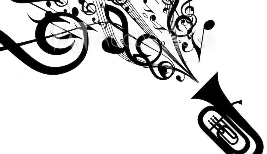 A black and white illustration of a trumpet and musical notes.