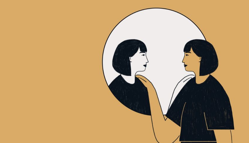 An illustration of a woman looking at herself in a mirror.