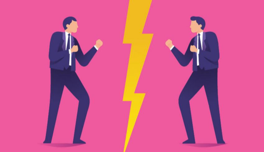 Two businessmen fighting each other with a lightning bolt.