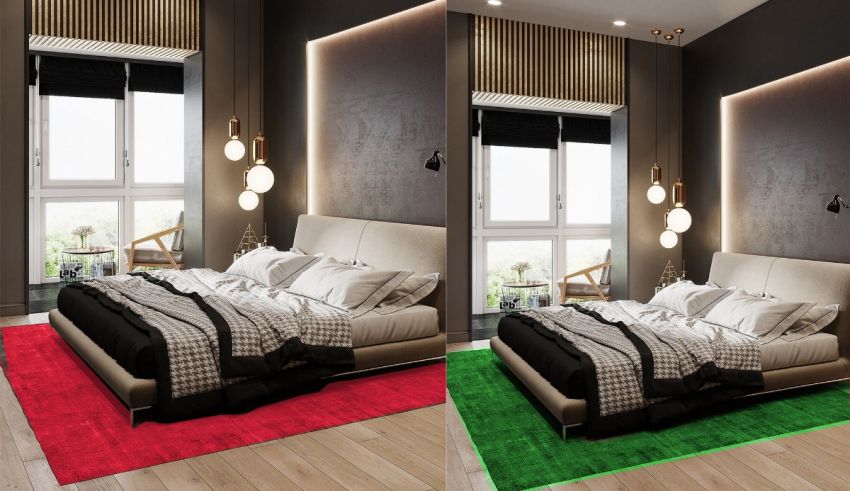 Two images of a bedroom with a green and black rug.