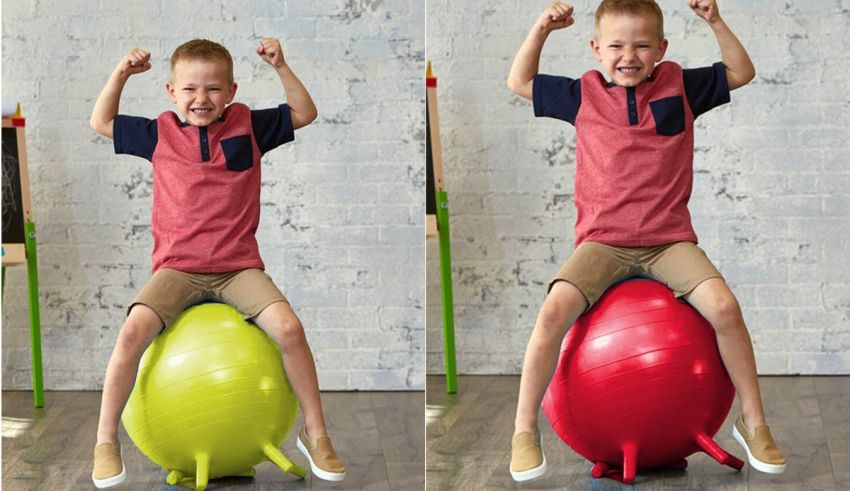 Two pictures of a boy sitting on an exercise ball.