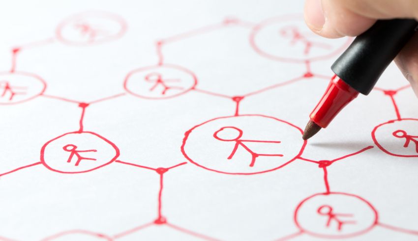 A person drawing a network of people on a piece of paper.