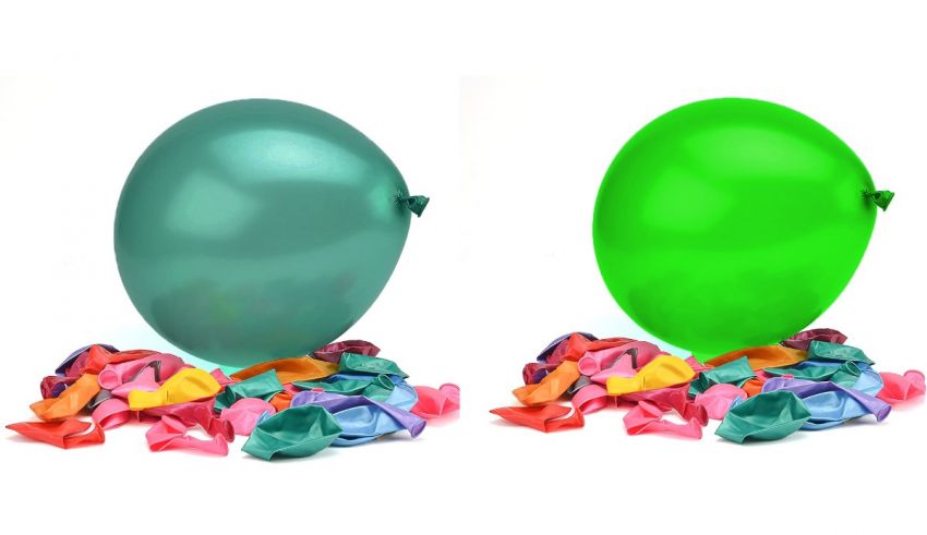 A green balloon and a colorful balloon on a white background.