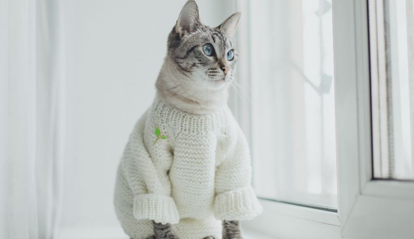 A cat in a sweater sitting on a window sill.