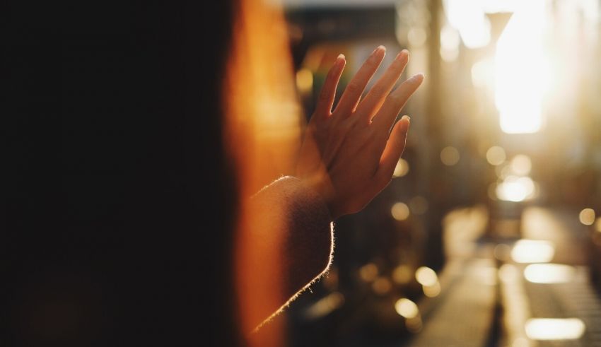 A woman's hand reaching out to the sun.