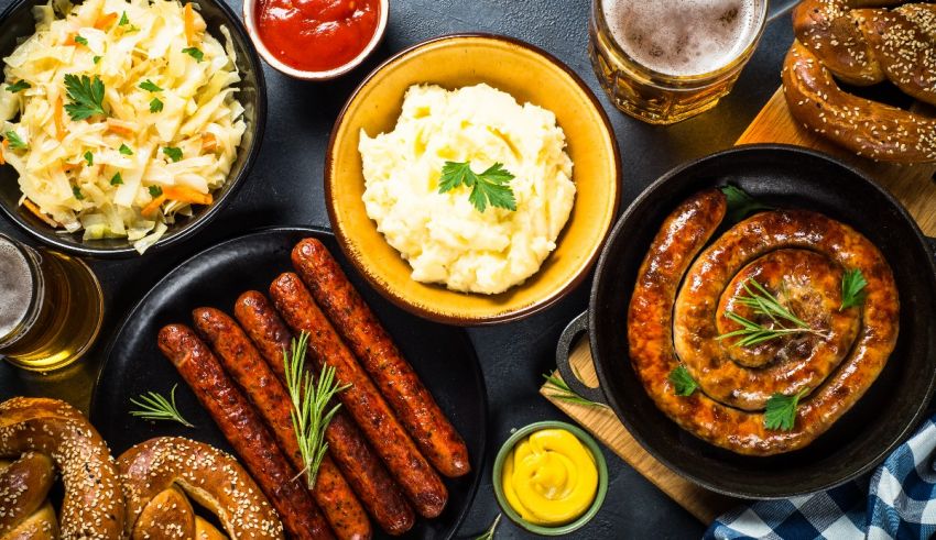 A variety of sausages, pretzels and beer on a table.