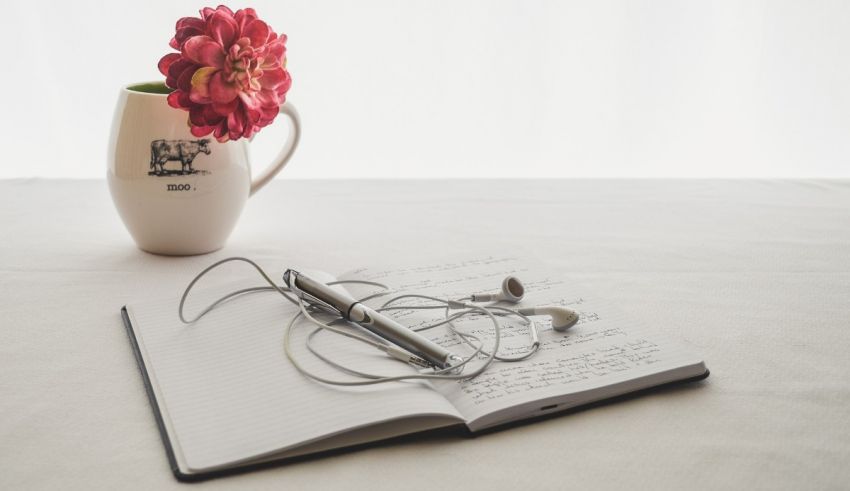 A notebook, earphones and a vase with a flower.
