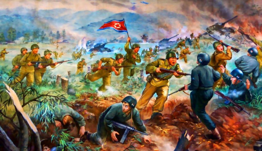 The north korean army is shown in a painting.