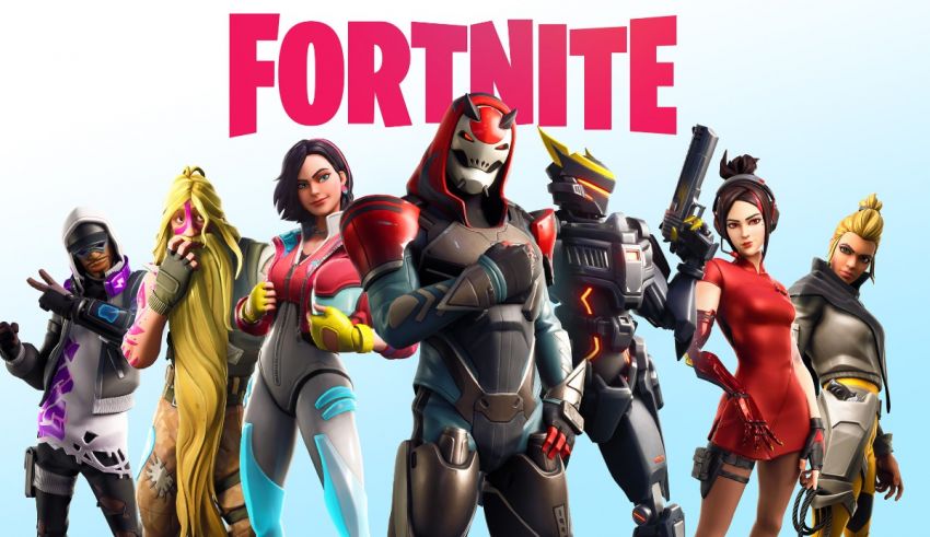 A group of people standing in front of a blue background with the word fortnite.