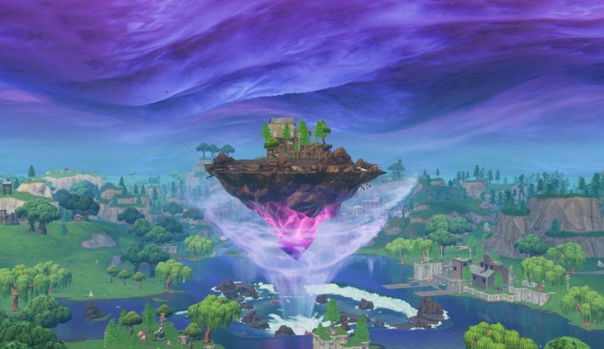 Fortnite's new island is surrounded by trees and a waterfall.