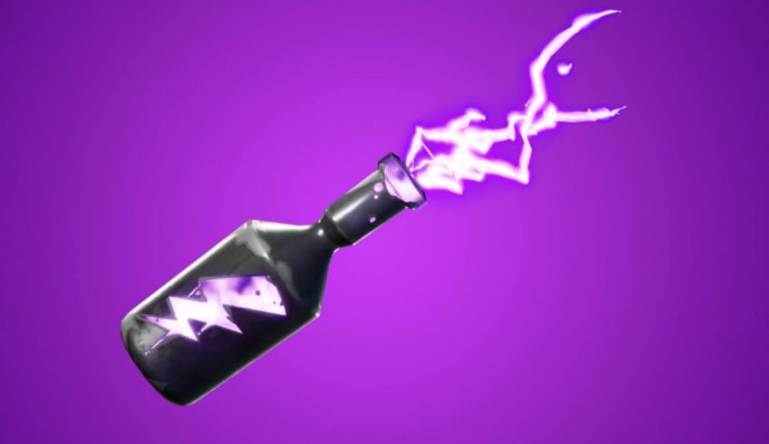 A purple bottle with lightning coming out of it.