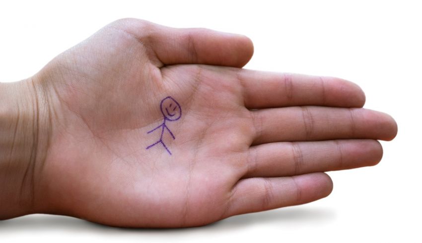 A person's hand with a stick figure drawn on it.