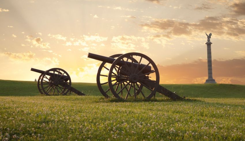 Cannons in a field with a statue in the background.