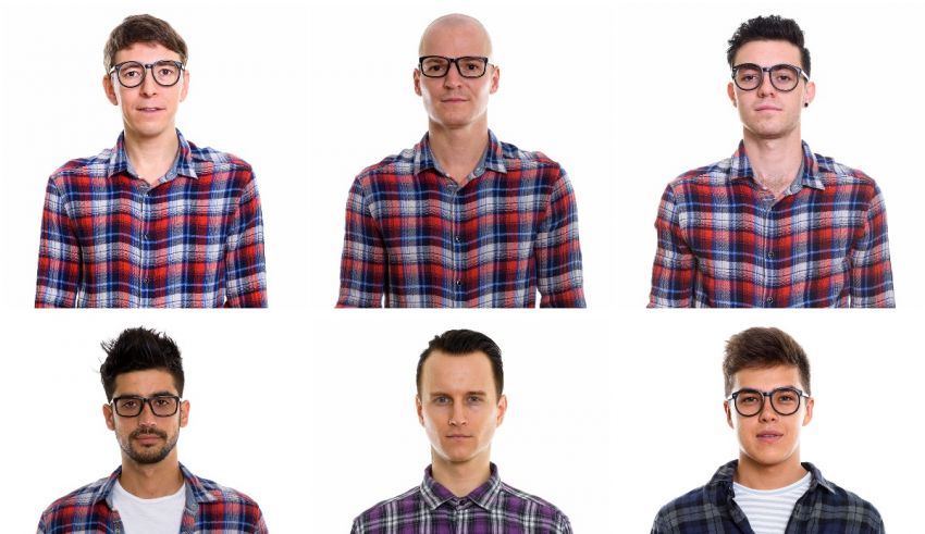 A group of men wearing glasses on a white background.