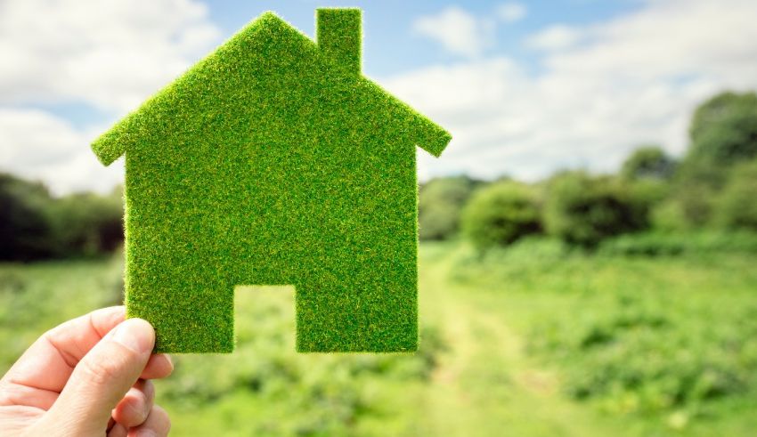 A person holding up a green house with grass in the background.