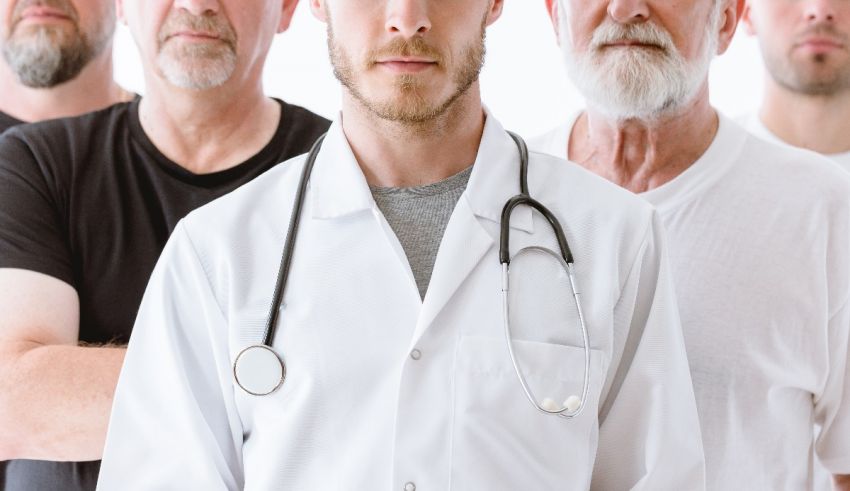 A group of men with stethoscopes standing in front of a white background.