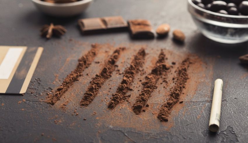 Chocolate, cocoa powder and other ingredients on a dark table.