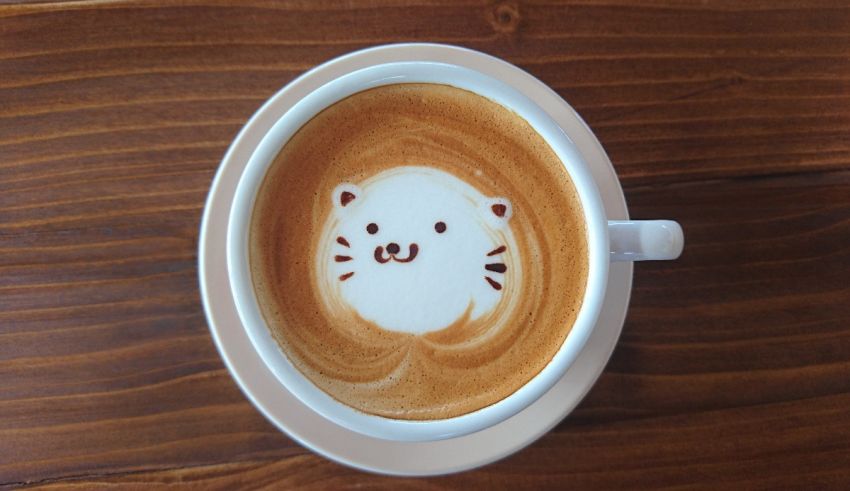 A cup of coffee with a drawing of a cat on it.