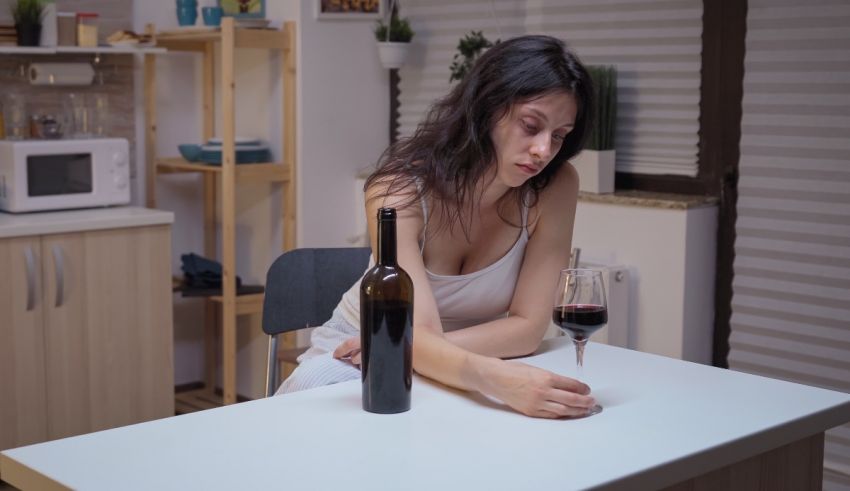 A woman sitting at a table with a bottle of wine.