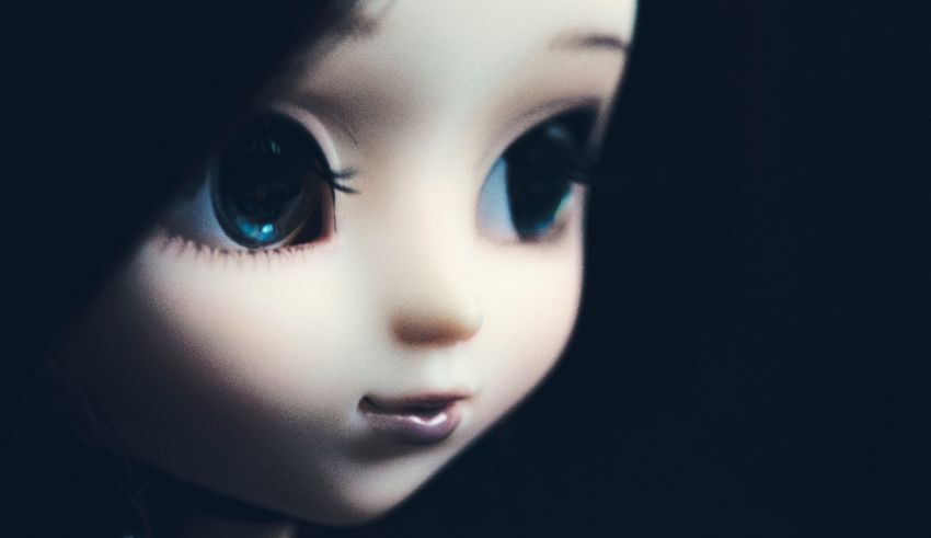 A close up of a doll with blue eyes.