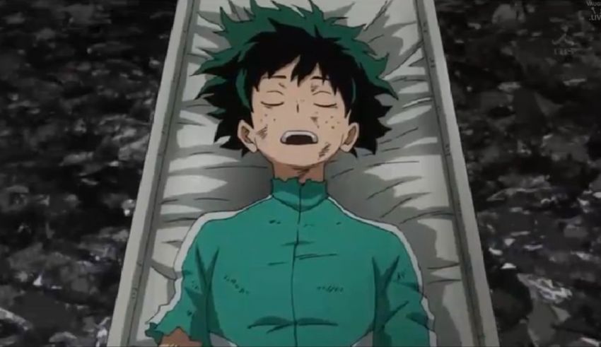 An anime character laying on a bed.