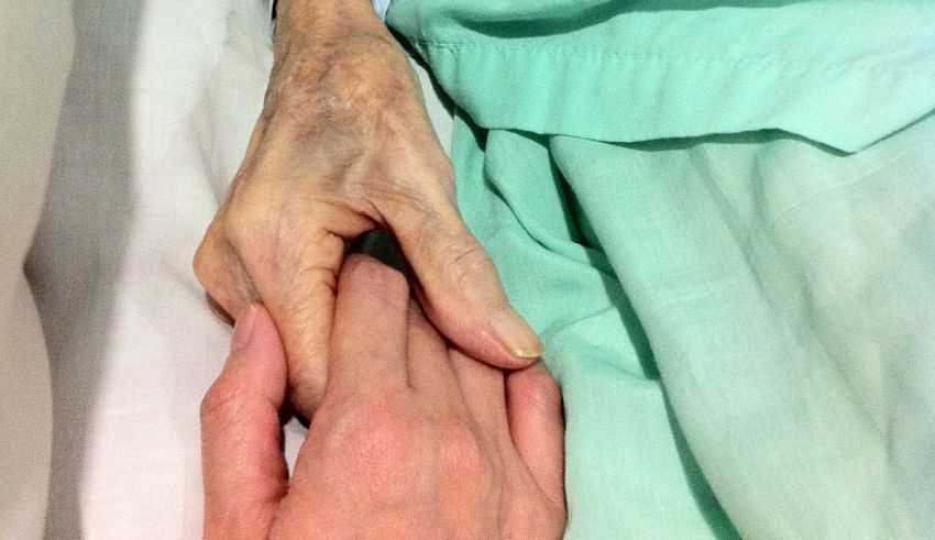 A woman is holding an elderly woman's hand in a hospital bed.