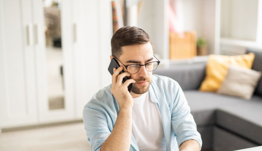 A man is talking on the phone while sitting at a table.