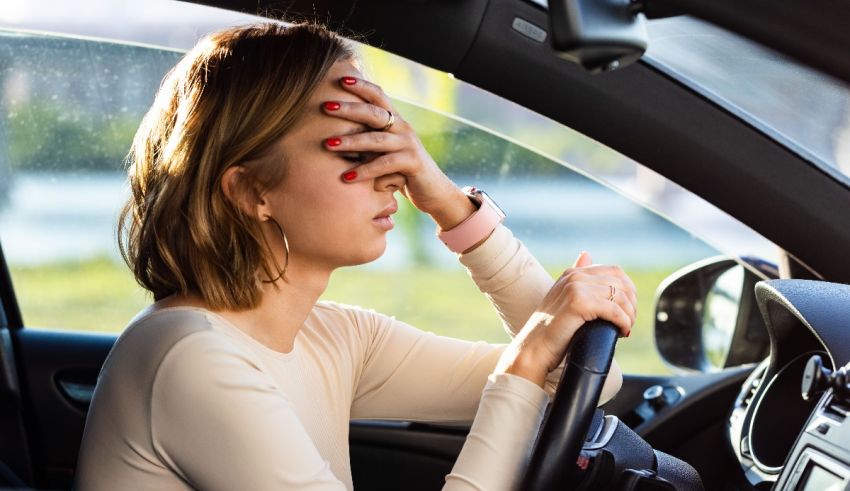 A woman is driving her car with her hands on her face.