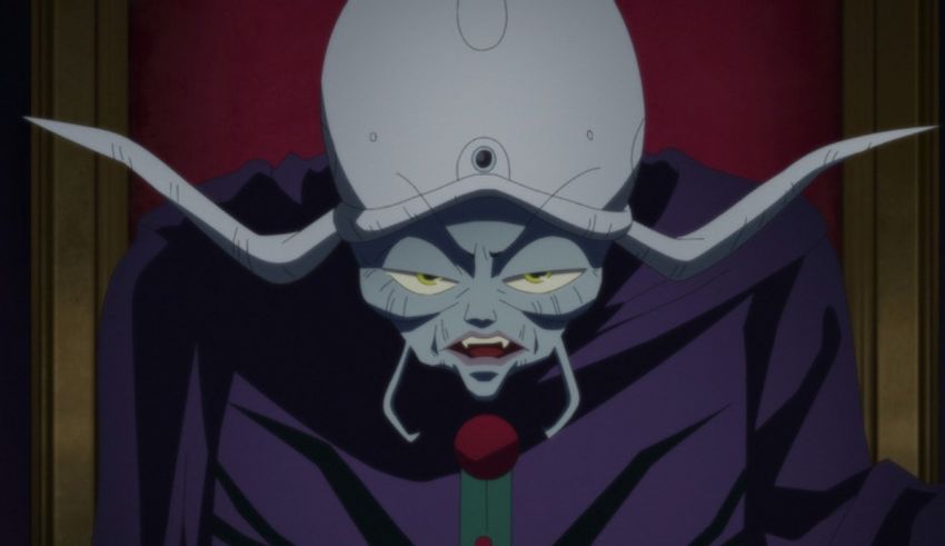 An anime character in a purple robe with horns.