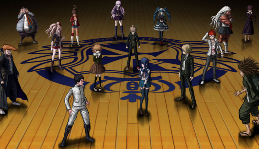 A group of anime characters standing on a wooden floor.
