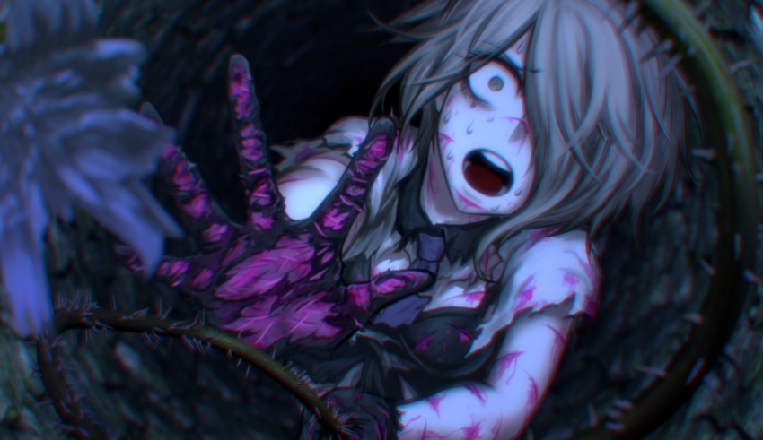 An anime girl in a tunnel with her hands out.