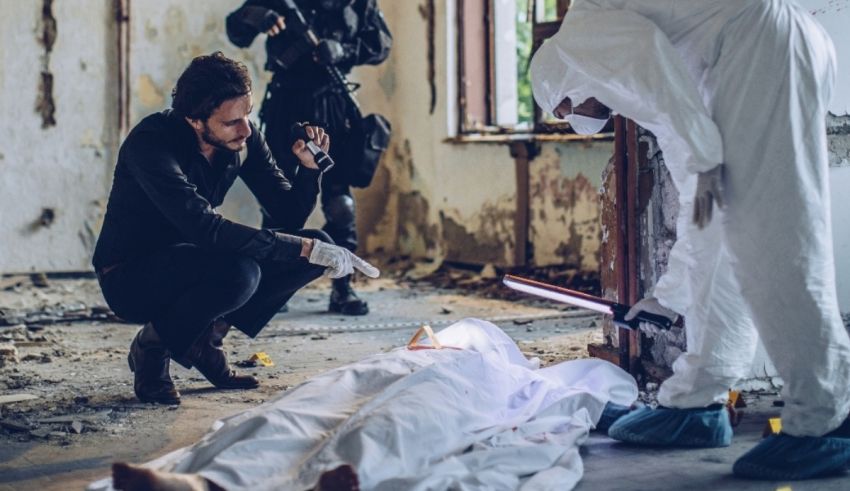 Two men in protective suits are looking at a dead body.