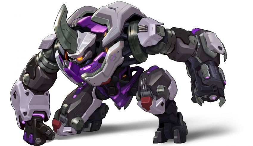 A purple and black robot standing on a white background.