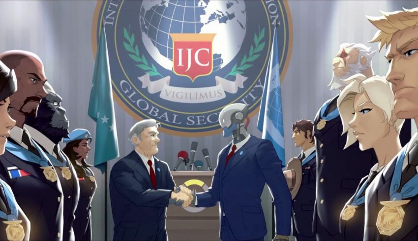 A cartoon image of people shaking hands in front of a flag.