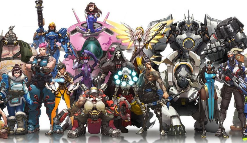 A group of overwatch characters posing in front of a white background.