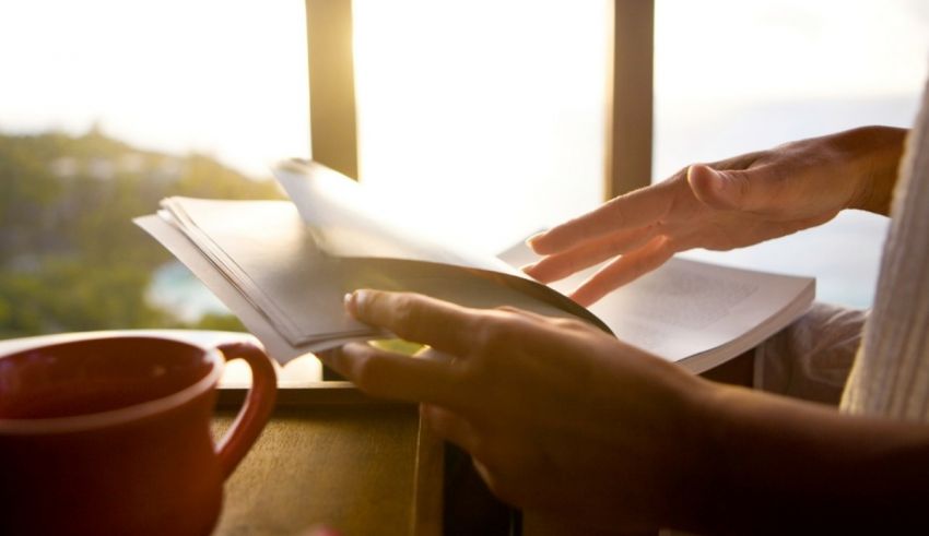 A woman is reading a book in front of a window.