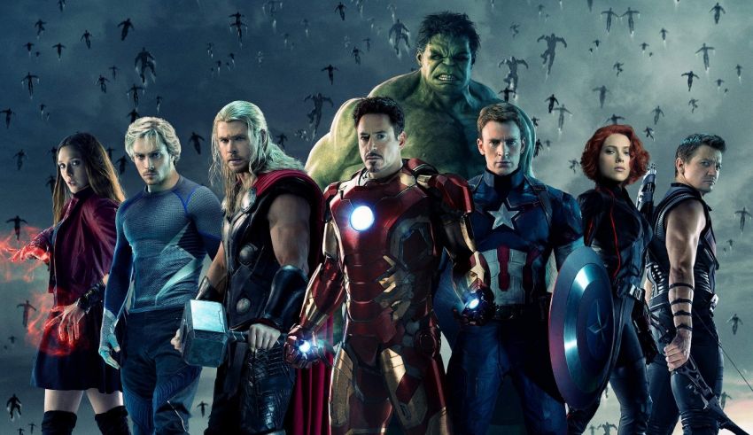 The avengers characters are standing in front of a dark background.