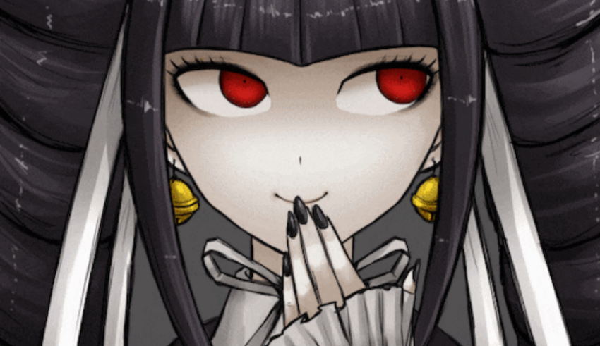 An anime girl with black hair and red eyes.