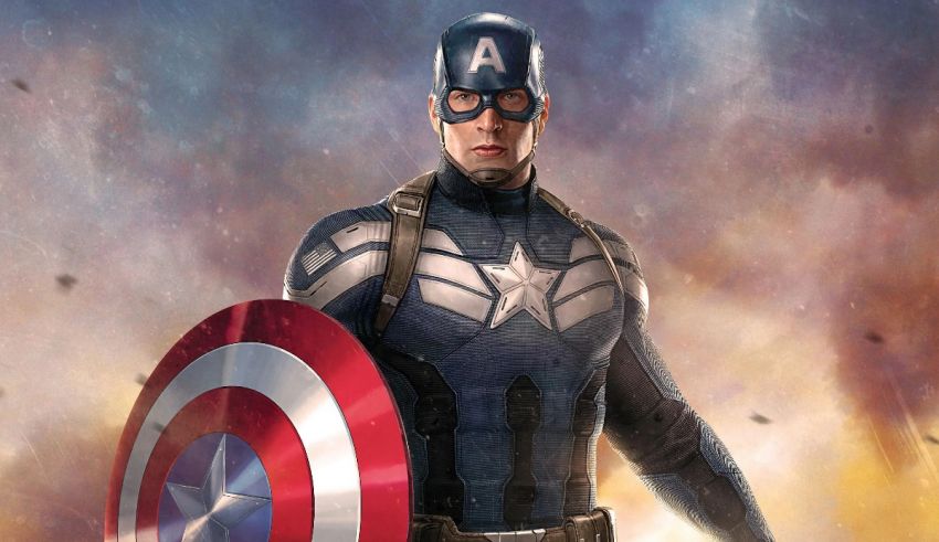 Captain america is holding a shield in front of a cloudy background.