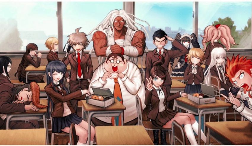 A group of anime characters in a classroom.
