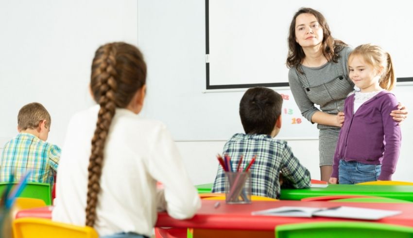 A teacher is teaching a group of children in a classroom.