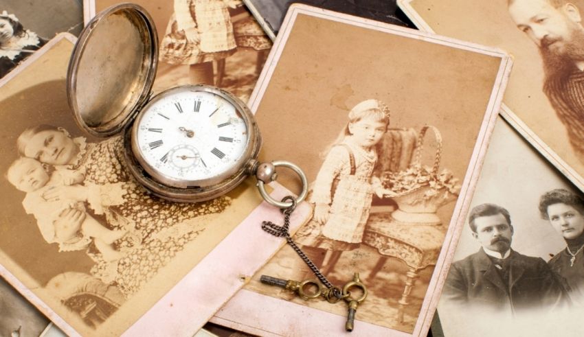 A collection of old photos and a pocket watch.