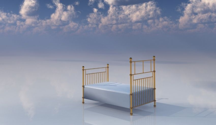 A 3d model of a bed in a cloudy sky.