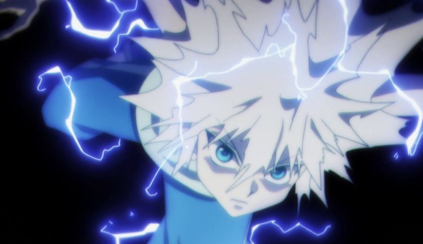 An anime character with blue hair and blue lightning.