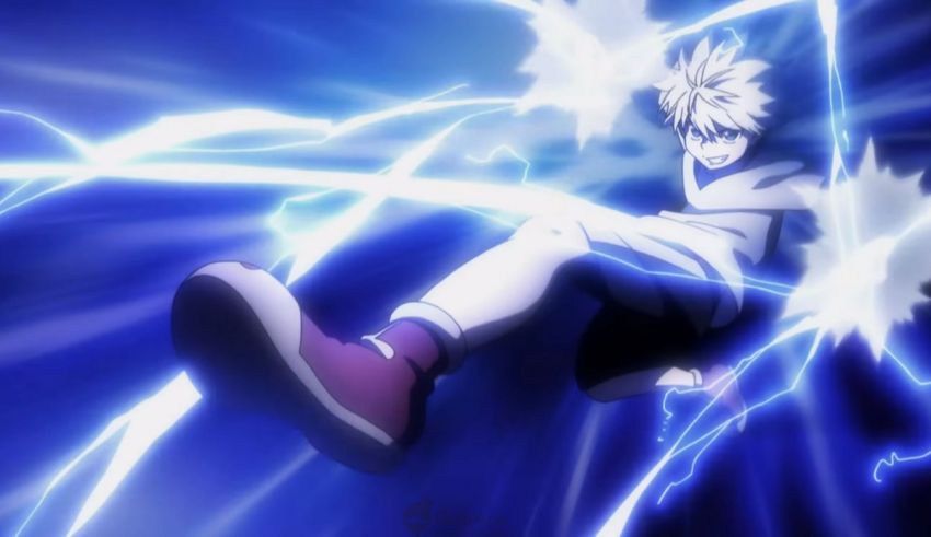 An anime character flying through the air with lightning.