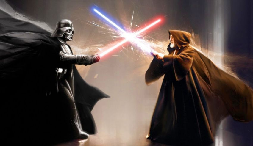 Darth vader and yoda fighting with lightsabers.