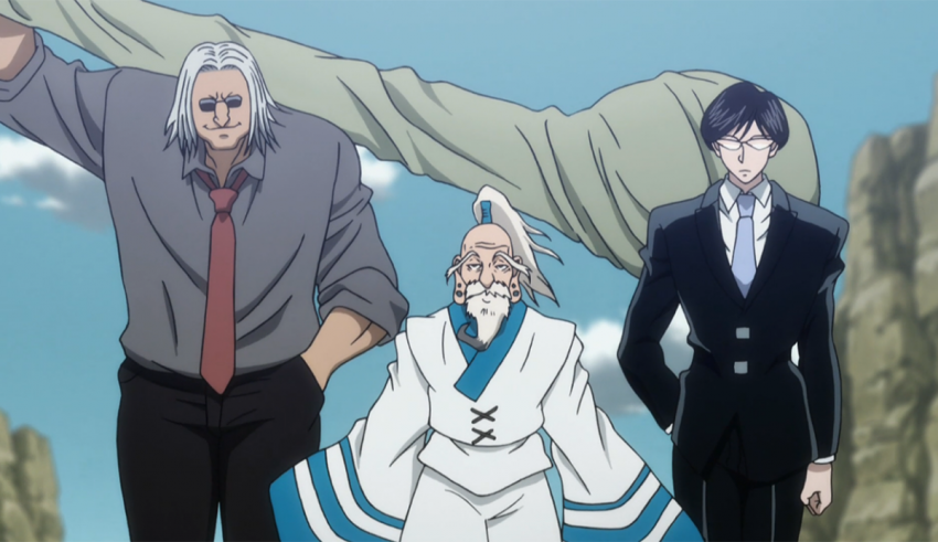 Three anime characters standing next to each other.