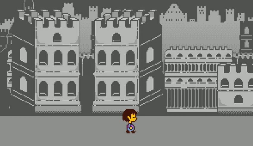 A screenshot of a video game with a girl standing in front of a castle.