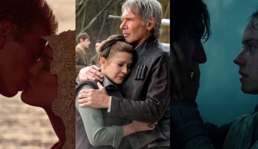 A collage of star wars movies with a man and woman kissing.